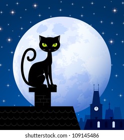 Black cat on chimney with moon town and starry night in the background