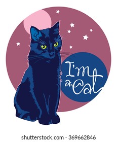 Black cat on a color background and hand drawn lettering
