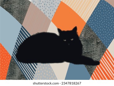 Gato negro sobre un colcha colorido de mosaico, vector