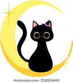 Black Cat on Crescent Moon with Witch Hat