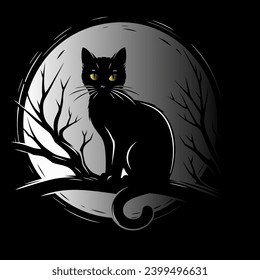 black cat on a dark background, silhouette of a black cat with yellow eyes against the background of the moon .halloween cat on black background, cat sitting on a branch .