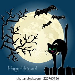 Black cat on a fence, tree and some bats in front of the moon. Vector card