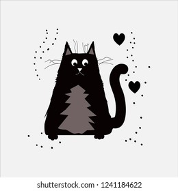 Black cat on a gray background with hearts