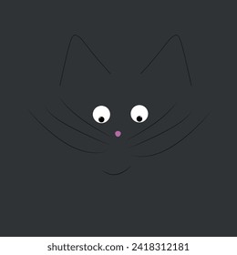 black cat on a gray background with a long mustache and a pink nose on a gray background