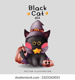 Black Cat on Halloween Night sit - Enchanting Witchcraft Watercolor Art