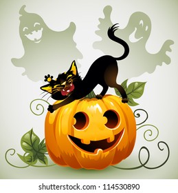 Black cat on Halloween pumpkin and ghost.
