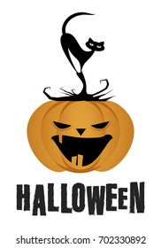 Black cat on a Halloween pumpkin. Vector Illustration. Isolated