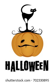 Black cat on a Halloween pumpkin. Vector Illustration. Isolated