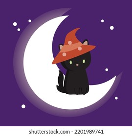 Black cat on moon illustration vector halloween night