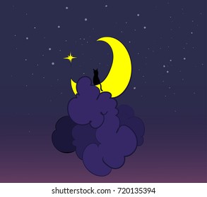 Black cat on the moon, night stars sky