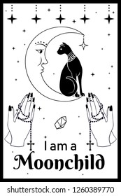 Black Cat on the Moon. Praying hands holding a rosary. I am a Moonchild text. Can use for t-shirt, textiles and print design. Vector illustration.