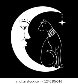 Black Cat on the Moon. Vector illustration. Can use as tattoo, boho design, halloween design.