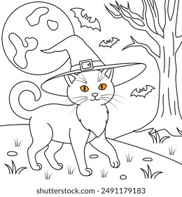 Black cat on the moonlight, Halloween Outline Coloring Page