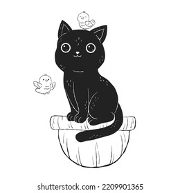 Black cat on nest with birds. Hand drawn animals. Doodle characters. Vector illustration.