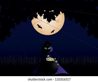 black cat on night of Halloween with Moon and bat