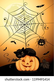 Black cat on pumpkin / Funny vector illustration, Halloween background