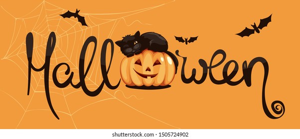 Black cat on pumpkin / Funny vector illustration, Halloween banner