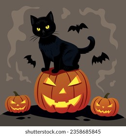 Black cat on a pumpkin lantern. Halloween vector illustration in flat style. Background with bats and pumpkins lanterns