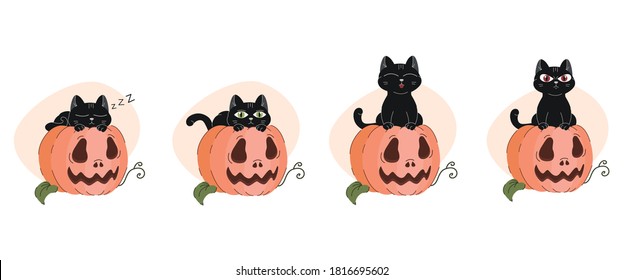 Black cat on pumpkin set. Cat sleeping on pumpkin, woken up cat, happy and angry kitty. Happy Halloween holiday isolated flat vector illustration.