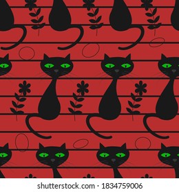 Black cat on a red background. Seamless vector pattern for your design, packaging, wallpaper, fabric