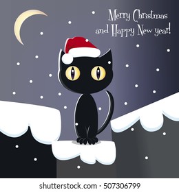 Black cat on the roof in christmas hat. Merry Christmas and happy new year.