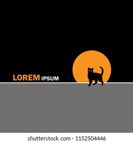 Black cat on the roof with a full moon behind it. Vector illustration.