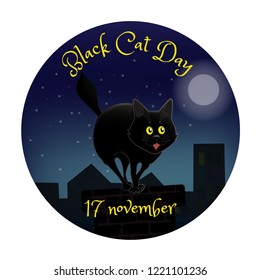 Black cat on the roof at night in the light of the moon. Black cats day, banner for event decoration. Vector illustration.