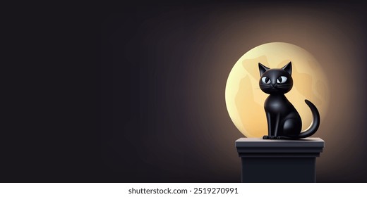 O gato preto no telhado senta-se na chaminé contra o fundo da lua cheia, 3D. Imagem linda e mística de um gato à noite, sobre o fundo do luar. Vetor