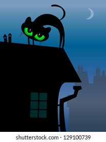 Black Cat on roof, vector illustration