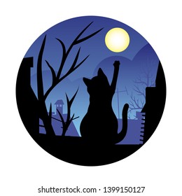 Black cat on the roof.Silhouette of a cat on the background of the moon