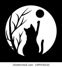 Black cat on the roof.Silhouette of a cat on the background of the moon