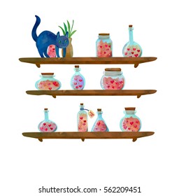 Black cat on the shelves full of magical potions. 