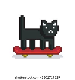 Black cat on skateboard, pixel art meme