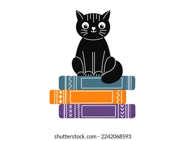 Gato negro en la pila de libros. Leer, concepto educativo.