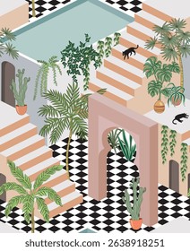Black cat on the stairs, swimming pool, tropical palms, banana tree, cactus, plant isometry seamless pattern. Jungle house, Moroccan arch summer graphic wallpaper.