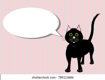 Black cat on a stripey background with a speech bubble