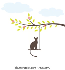 Black cat on  swing and tree. Vector Illustration