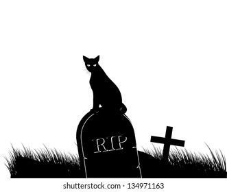 Black cat on tombstone. EPS 8 vector, grouped for easy editing. No open shapes or paths.