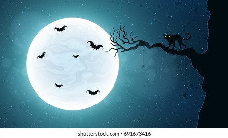 Black cat on a tree against the background of the full moon. Terrible night. Flying bats. Realistic starry sky. Background for Halloween. Vector illustration