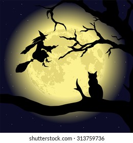 Black Cat on the Tree at full Moon 