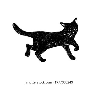 black cat on white background. Doodle style vector illustration.