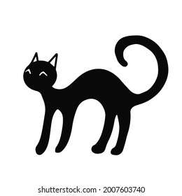 Black cat on a white background. Doodle illustration for Halloween, printing, logo, greeting cards, posters, stickers, textile and seasonal design. Vector eps 10.