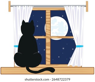 Schwarze Katze auf Fenster in der Nacht auf weißem Hintergrund ist isoliert