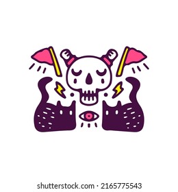 Black cat, one eye, flags, and skull, illustration for t-shirt, sticker, or apparel merchandise. With doodle, retro, and cartoon style.