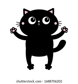 Black cat. Open hand paw print. Kitty reaching for a hug. Happy Valentines Day. Funny Kawaii animal. Cute cartoon baby character. Pet collection. Flat design White background. Vector illustration