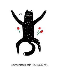 Black cat open his arms in hug. Vector illustration of cute animal and red flowers.
