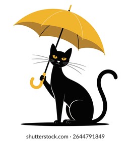 Black cat with orange eyes sits holding a yellow umbrella against a white background simple cartoon style