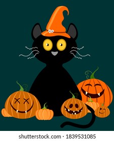 Black cat with orange hat and pumpkins. Vector illustration for halloween card, poster, print and invitation.