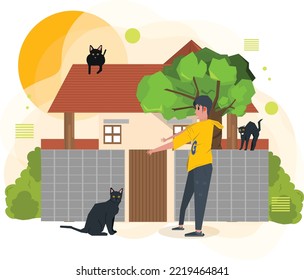 black cat and owner with house background for info graphic