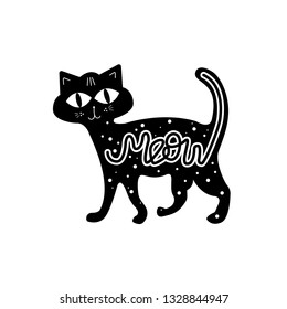 Black cat painted illustration. Kind meow funny phrase handwritten quote. Silhouette cat with lettering